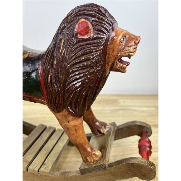 Vintage Hand Carved Folk Art Wooden Rocking Lion 13”x 10” Hand Painted - Picture 8 of 10